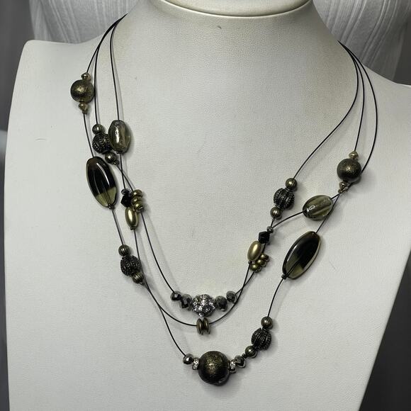 Chico's charm necklace burnished gold tone natural beads signed costume jewelry - Picture 1 of 10